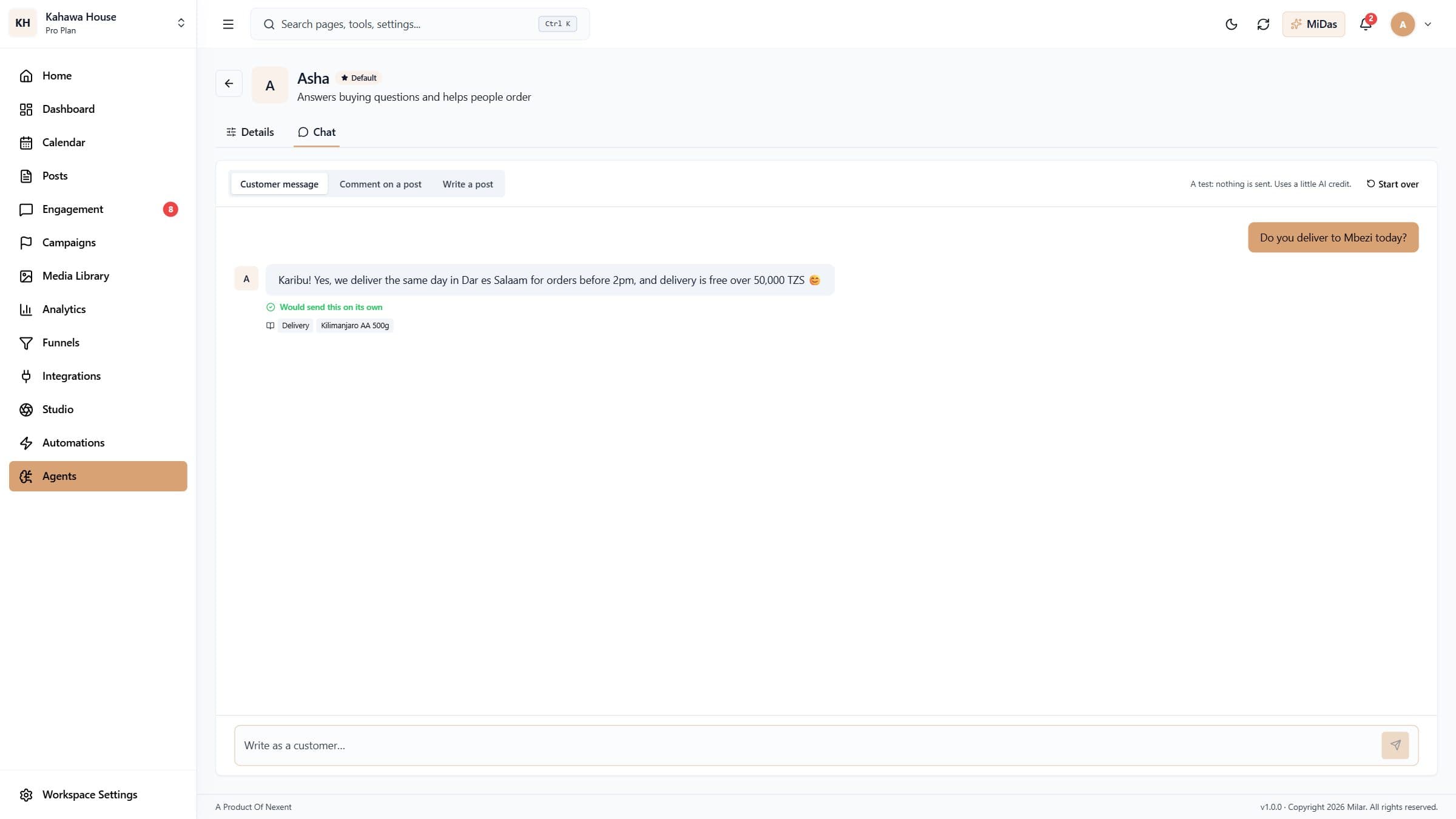 Testing an agent in a chat