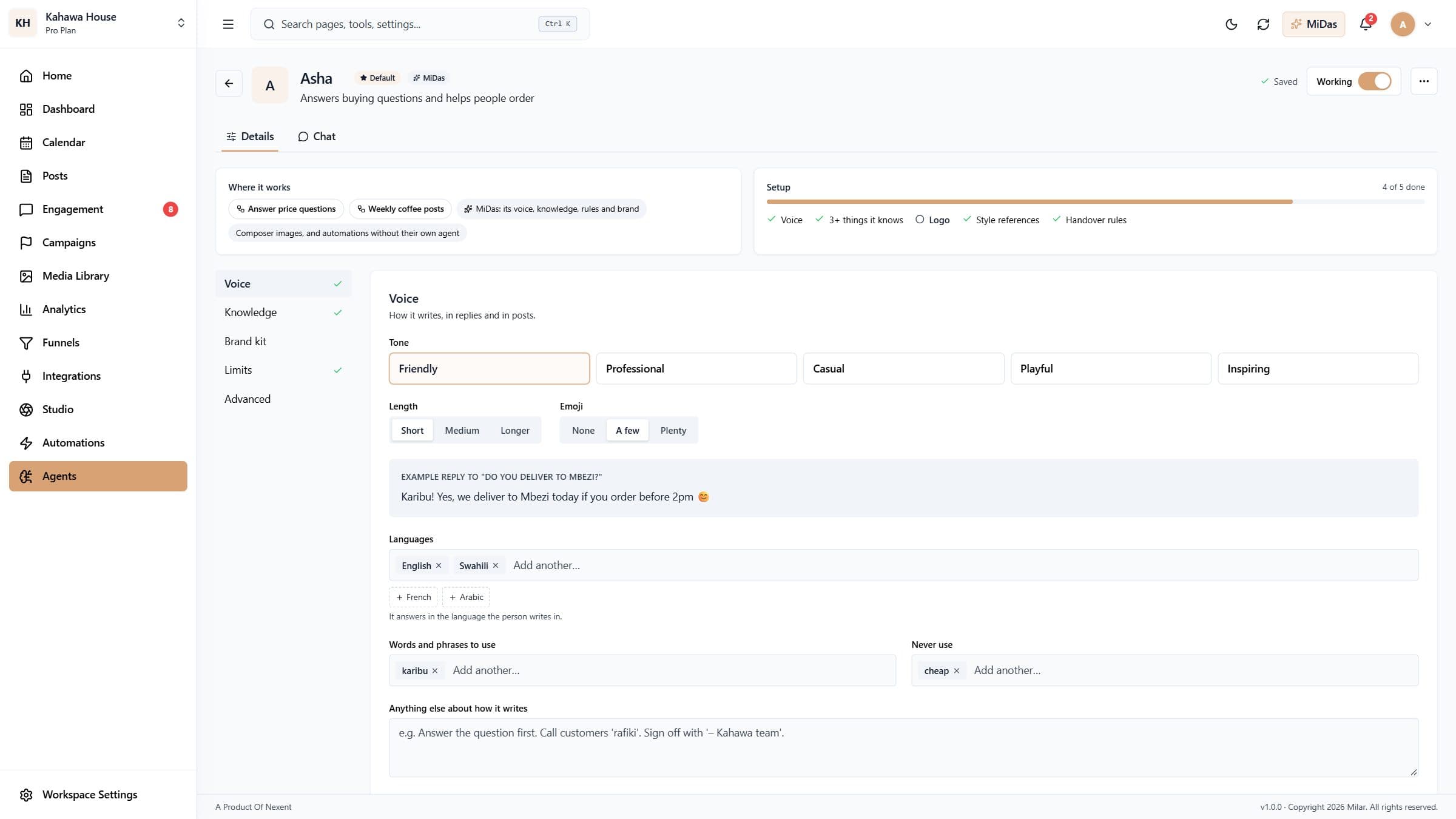 An agent: where it works, how set up it is, and its sections