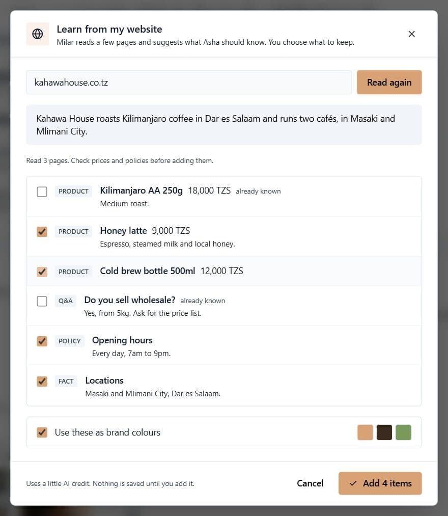 Learning products, answers and policies from the business website