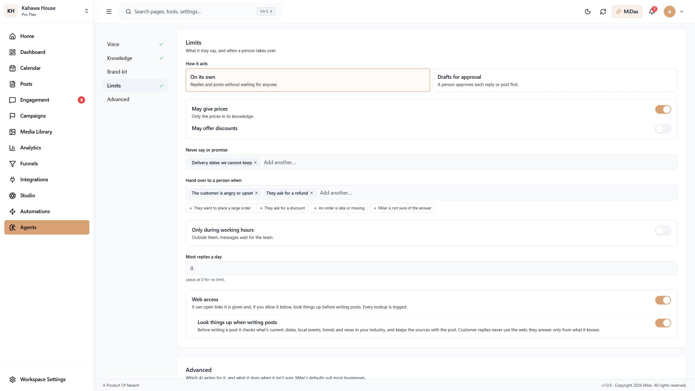 What the agent may do on its own, and its web access