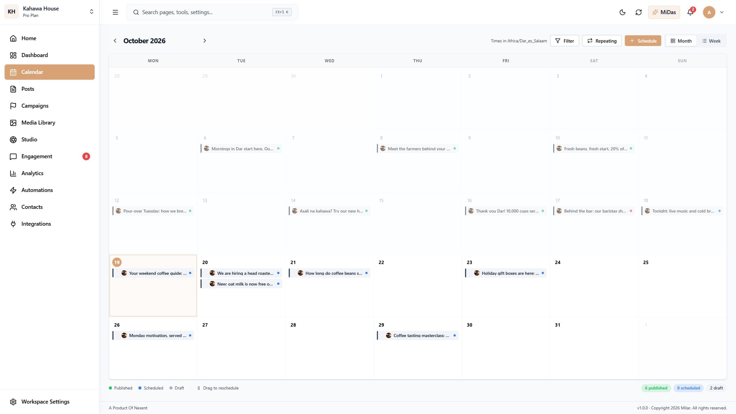 The content calendar, month view