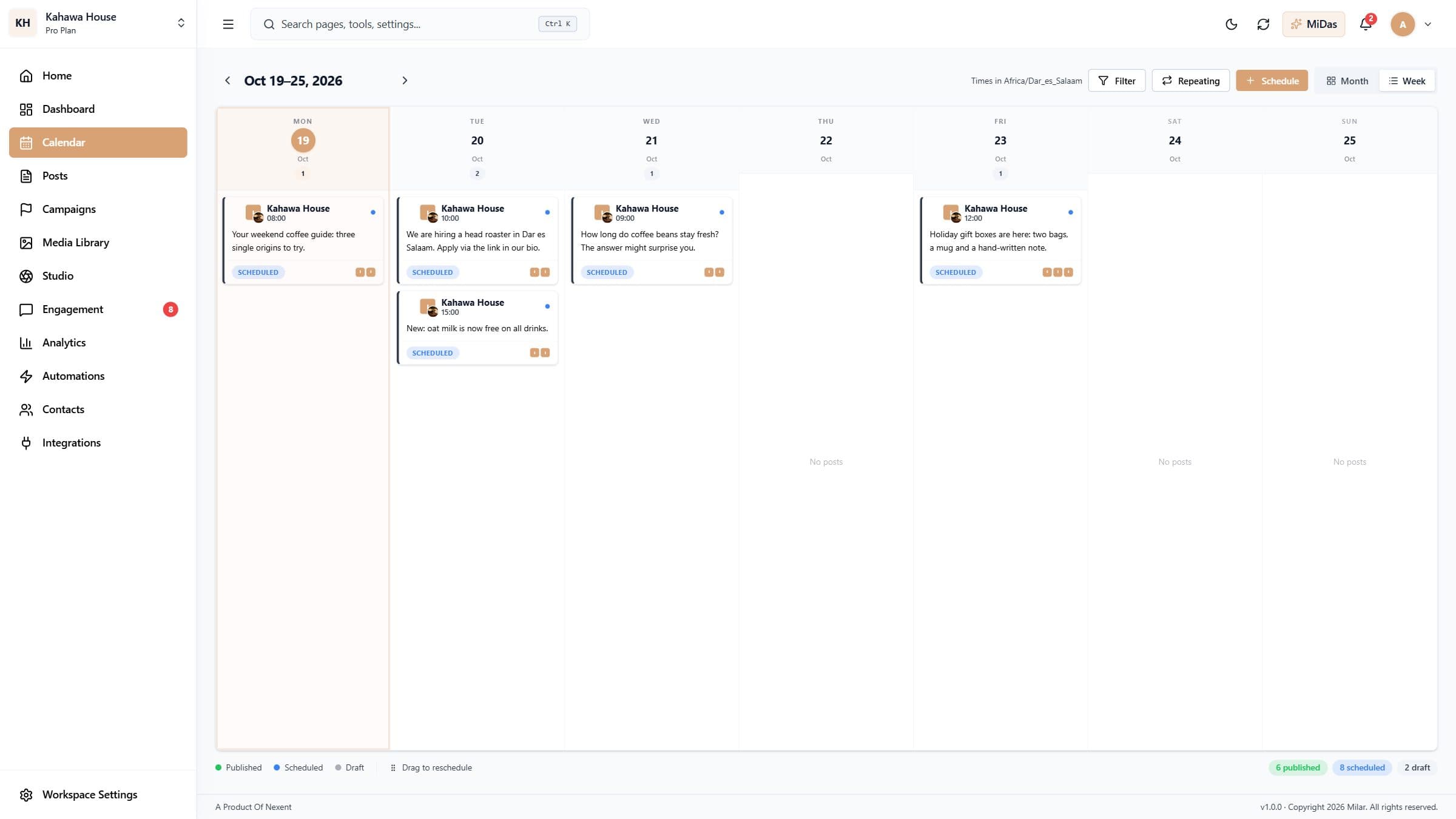 The content calendar, week view