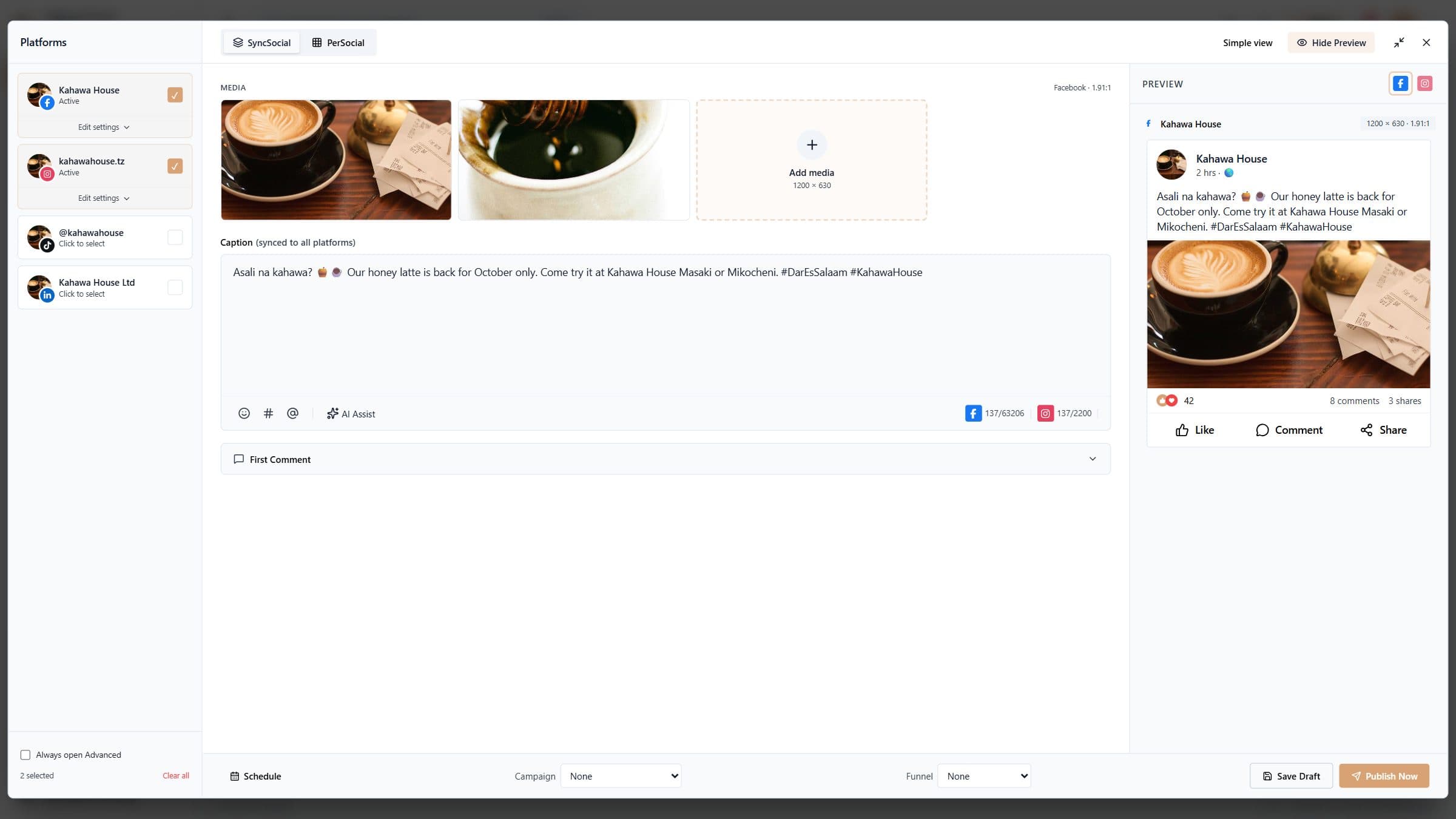 The advanced composer with accounts, per-account captions and previews