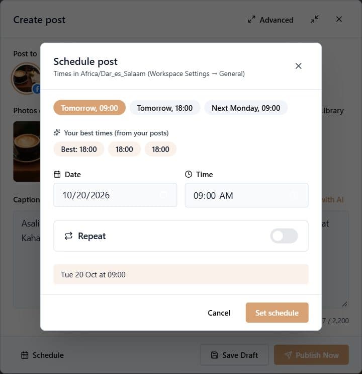 Choosing a date and time to schedule the post