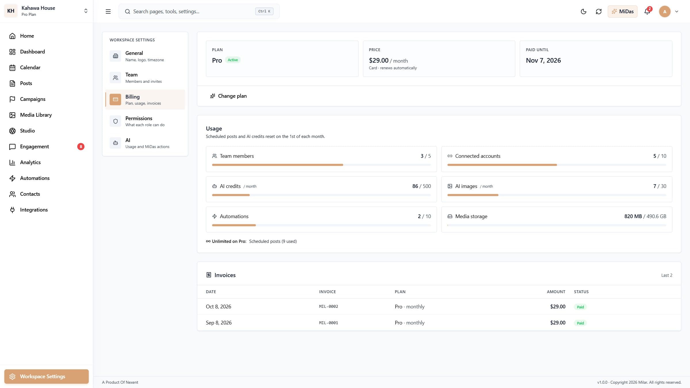 Billing: plan, usage and invoices