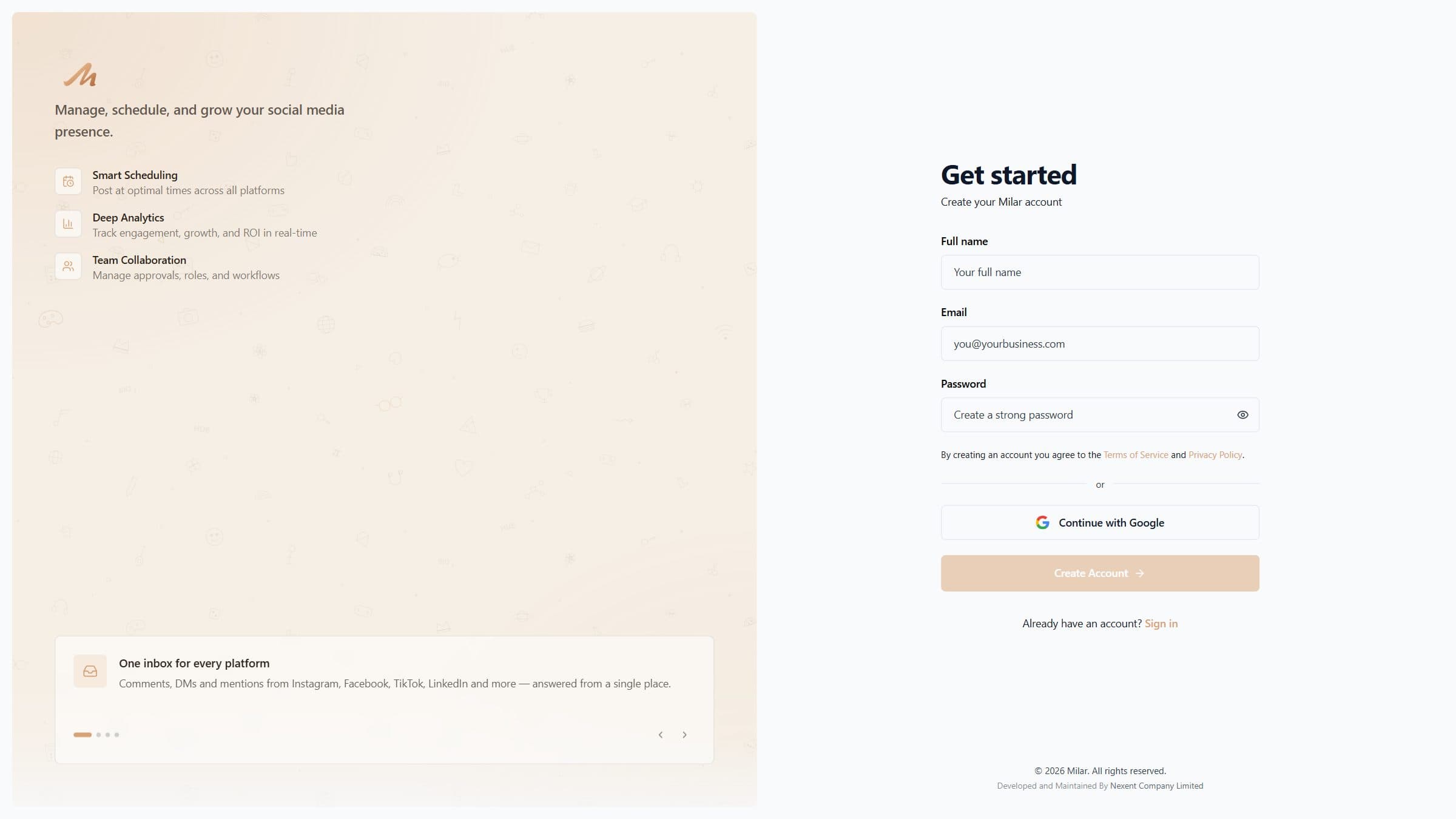 The Milar sign-up page