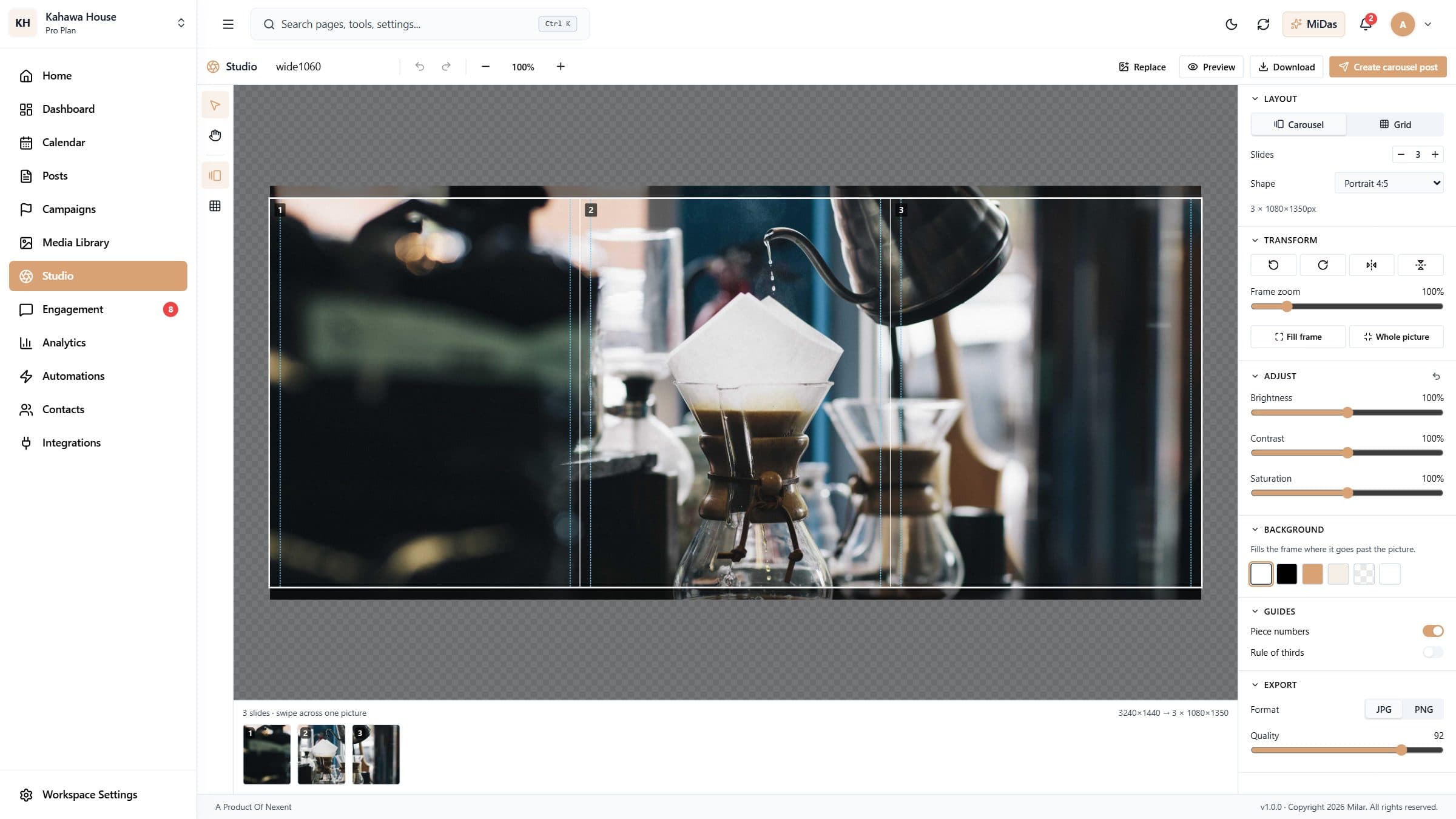 Milar Studio cutting a picture into a 3-slide carousel