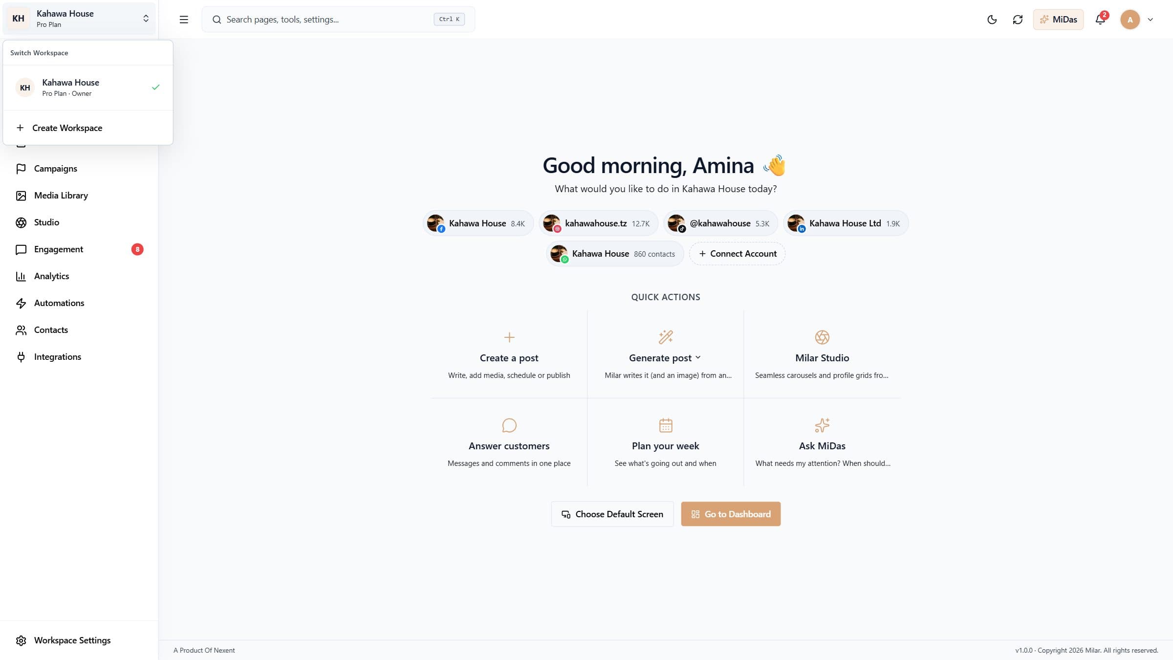 The workspace switcher, open